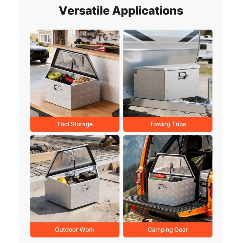 VEVOR Trailer Tongue Box, 26" x 13" x 12" Aluminum Trailer Tongue Tool Box, Heavy Duty Storage Organizer with Lock and Keys, Utility Tool Chest for Pickup Truck Bed, RV, SUV, Off-Road Vehicle, Silver