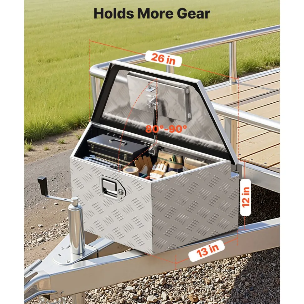 VEVOR Trailer Tongue Box, 26" x 13" x 12" Aluminum Trailer Tongue Tool Box, Heavy Duty Storage Organizer with Lock and Keys, Utility Tool Chest for Pickup Truck Bed, RV, SUV, Off-Road Vehicle, Silver