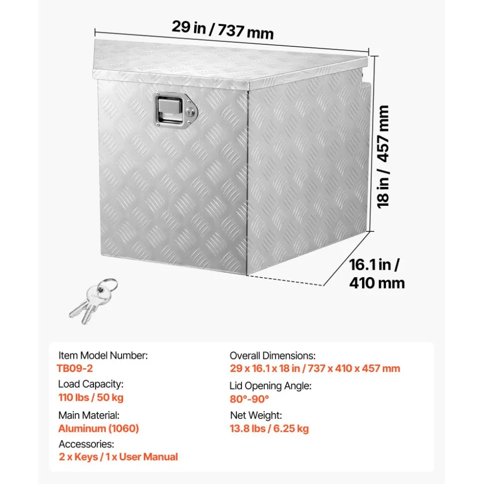 VEVOR Trailer Tongue Box, 29" x 16.1" x 18" Aluminum Trailer Tongue Tool Box, Heavy Duty Storage Organizer with Lock & Keys, Utility Tool Chest for Pickup Truck Bed, RV, SUV, Off-Road Vehicle, Silver