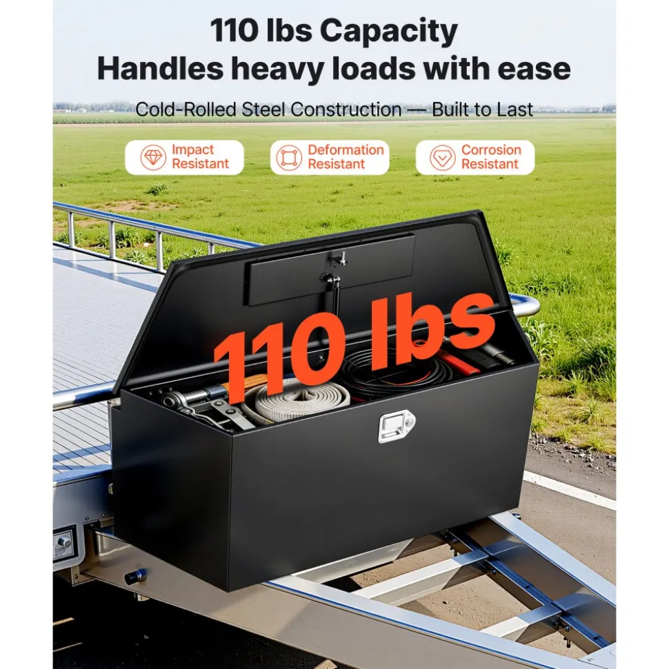 VEVOR Trailer Tongue Box, 49" x 13.9" x 18.5" Steel Trailer Tongue Tool Box, Heavy Duty Storage Organizer with Lock and Keys, Utility Tool Chest for Pickup Truck Bed, RV, SUV, Off-Road Vehicle, Black