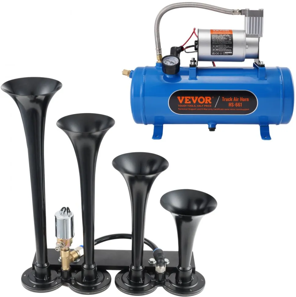VEVOR Train Horns Kit, 4 Trumpet Air Horn Kit, 150dB Train Horns for Pickup Trucks, 12V 120 psi Air Compressor 1.6 Gal/6 L Tank with Gauge for Any 12V Vehicle Car Truck Train Van Boat