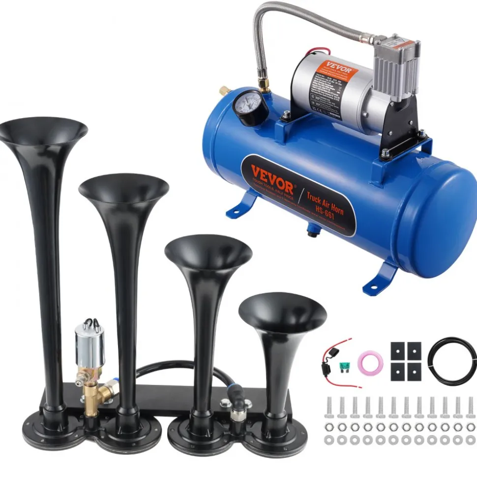 VEVOR Train Horns Kit, 4 Trumpet Air Horn Kit, 150dB Train Horns for Pickup Trucks, 12V 120 psi Air Compressor 1.6 Gal/6 L Tank with Gauge for Any 12V Vehicle Car Truck Train Van Boat