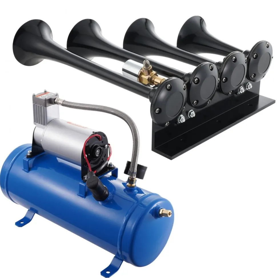 VEVOR Train Horns Kit, 4 Trumpet Air Horn Kit, 150dB Train Horns for Pickup Trucks, 12V 120 psi Air Compressor 1.6 Gal/6 L Tank with Gauge for Any 12V Vehicle Car Truck Train Van Boat