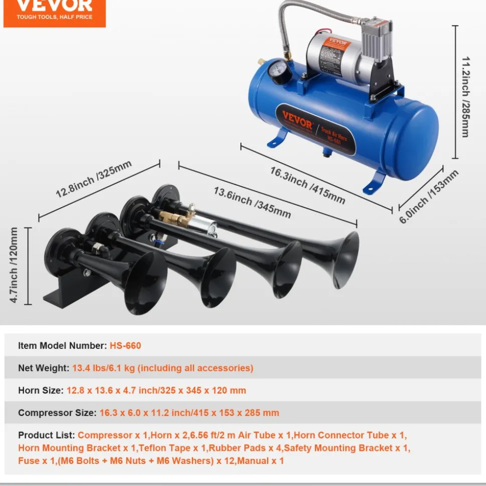 VEVOR Train Horns Kit, 4 Trumpet Air Horn Kit, 150dB Train Horns for Pickup Trucks, 12V 120 psi Air Compressor 1.6 Gal/6 L Tank with Gauge for Any 12V Vehicle Car Truck Train Van Boat