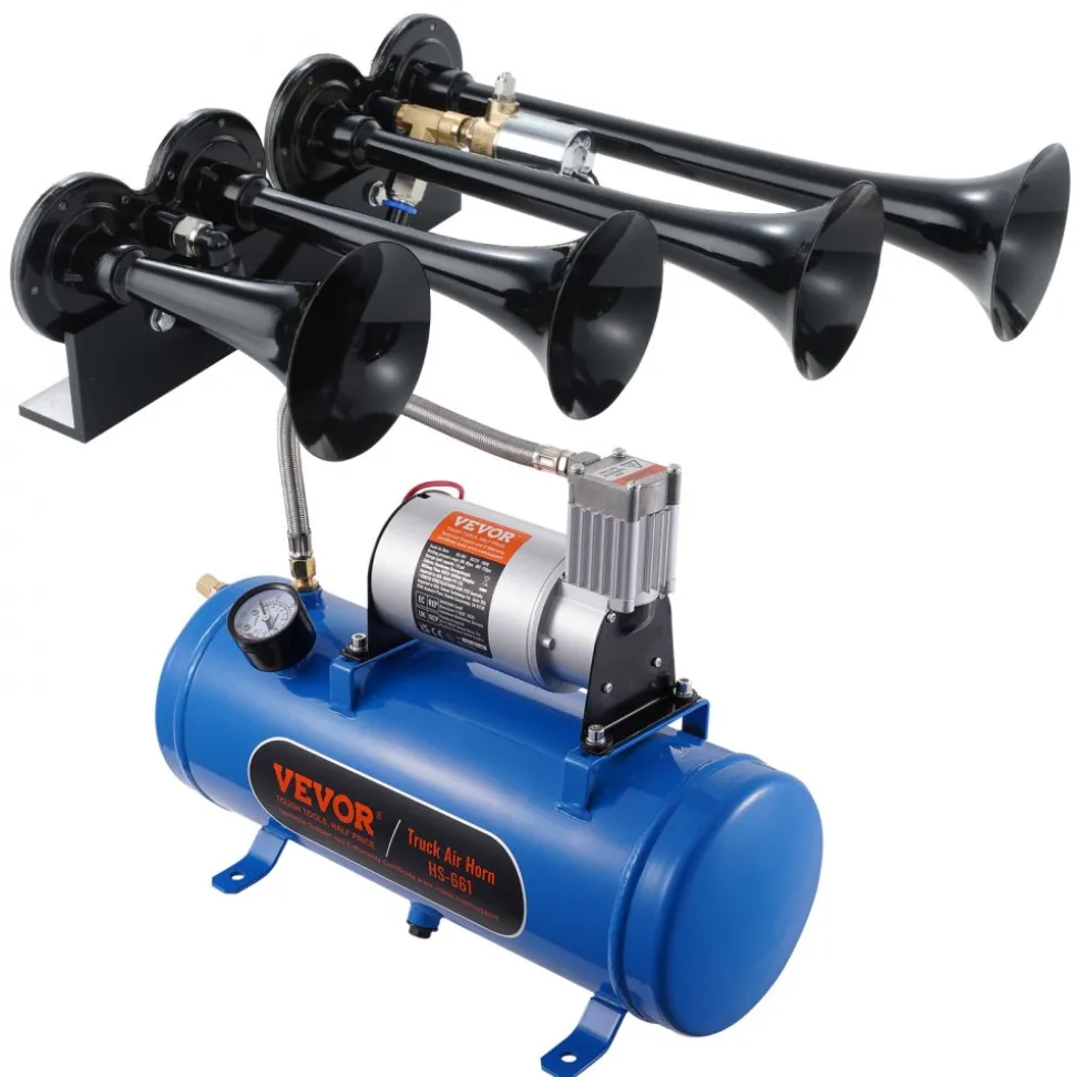 VEVOR Train Horns Kit, 4 Trumpet Air Horn Kit, 150dB Train Horns for Pickup Trucks, 12V 120 psi Air Compressor 1.6 Gal/6 L Tank with Gauge for Any 12V Vehicle Car Truck Train Van Boat