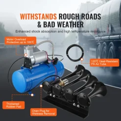 VEVOR Train Horns Kit, 4 Trumpet Air Horn Kit, 150dB Train Horns for Pickup Trucks, 12V 120 psi Air Compressor 1.6 Gal/6 L Tank with Gauge for Any 12V Vehicle Car Truck Train Van Boat