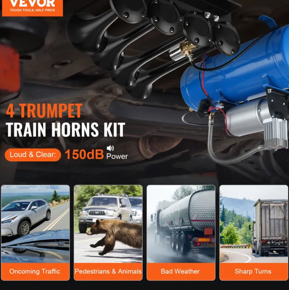 VEVOR Train Horns Kit, 4 Trumpet Air Horn Kit, 150dB Train Horns for Pickup Trucks, 12V 120 psi Air Compressor 1.6 Gal/6 L Tank with Gauge for Any 12V Vehicle Car Truck Train Van Boat