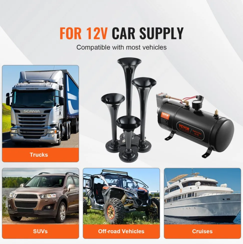 VEVOR Train Horns Kit, 4 Trumpet Air Horn Kit, 150dB Train Horns for Pickup Trucks, 12V 120 psi Air Compressor 0.8 Gal/3 L Tank with Gauge for Any 12V Vehicle Car Truck Train Van Boat