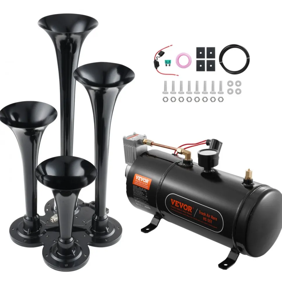 VEVOR Train Horns Kit, 4 Trumpet Air Horn Kit, 150dB Train Horns for Pickup Trucks, 12V 120 psi Air Compressor 0.8 Gal/3 L Tank with Gauge for Any 12V Vehicle Car Truck Train Van Boat