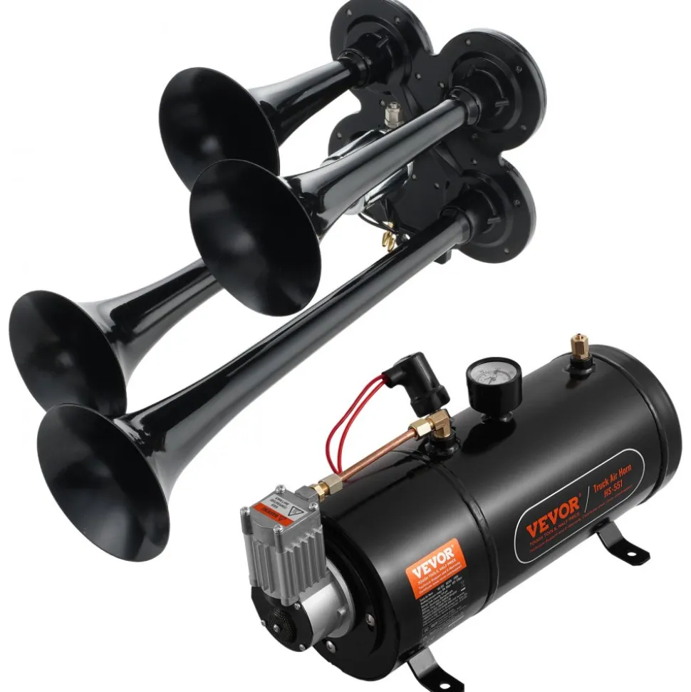 VEVOR Train Horns Kit, 4 Trumpet Air Horn Kit, 150dB Train Horns for Pickup Trucks, 12V 120 psi Air Compressor 0.8 Gal/3 L Tank with Gauge for Any 12V Vehicle Car Truck Train Van Boat