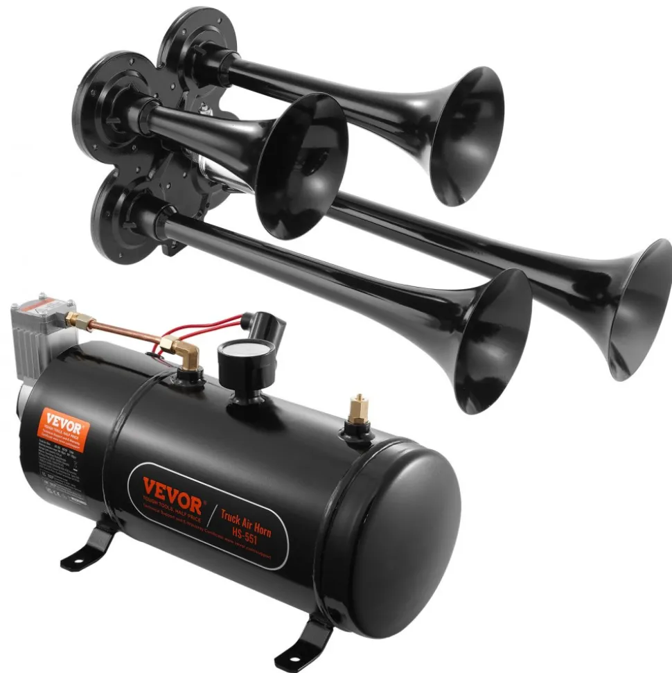 VEVOR Train Horns Kit, 4 Trumpet Air Horn Kit, 150dB Train Horns for Pickup Trucks, 12V 120 psi Air Compressor 0.8 Gal/3 L Tank with Gauge for Any 12V Vehicle Car Truck Train Van Boat