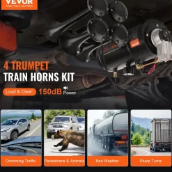 VEVOR Train Horns Kit, 4 Trumpet Air Horn Kit, 150dB Train Horns for Pickup Trucks, 12V 120 psi Air Compressor 0.8 Gal/3 L Tank with Gauge for Any 12V Vehicle Car Truck Train Van Boat
