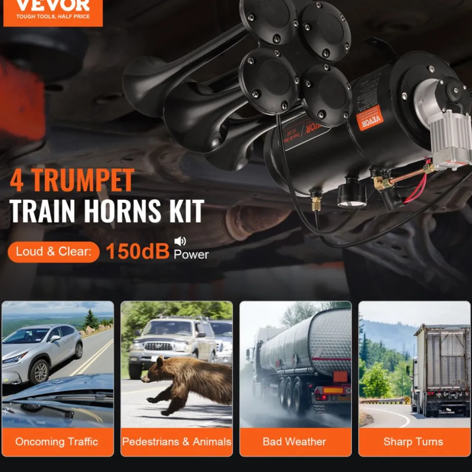 VEVOR Train Horns Kit, 4 Trumpet Air Horn Kit, 150dB Train Horns for Pickup Trucks, 12V 120 psi Air Compressor 0.8 Gal/3 L Tank with Gauge for Any 12V Vehicle Car Truck Train Van Boat