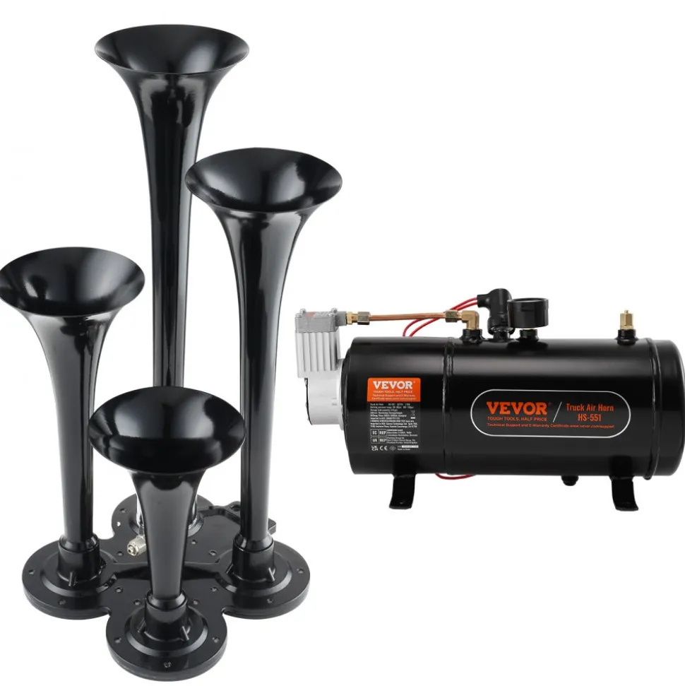 VEVOR Train Horns Kit, 4 Trumpet Air Horn Kit, 150dB Train Horns for Pickup Trucks, 12V 120 psi Air Compressor 0.8 Gal/3 L Tank with Gauge for Any 12V Vehicle Car Truck Train Van Boat