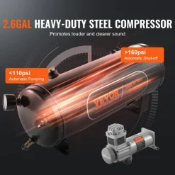 VEVOR Train Horns Kit, 4 Trumpet Air Horn Kit, 150dB Train Horns for Pickup Trucks, 12V 160 psi Air Compressor 2.6 Gal/10 L Tank with Gauge for Any 12V Vehicle Car Truck Train Van Boat