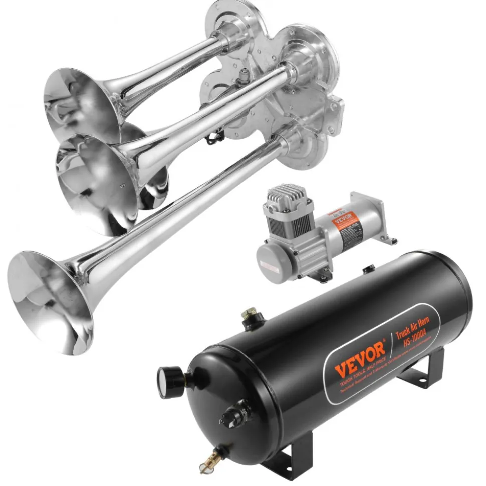 VEVOR Train Horns Kit, 4 Trumpet Air Horn Kit, 150dB Train Horns for Pickup Trucks, 12V 160 psi Air Compressor 2.6 Gal/10 L Tank with Gauge for Any 12V Vehicle Car Truck Train Van Boat