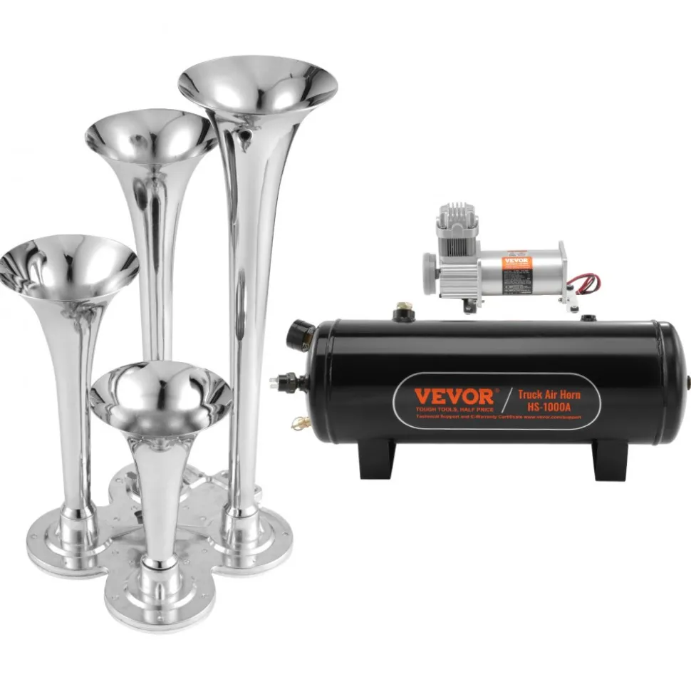 VEVOR Train Horns Kit, 4 Trumpet Air Horn Kit, 150dB Train Horns for Pickup Trucks, 12V 160 psi Air Compressor 2.6 Gal/10 L Tank with Gauge for Any 12V Vehicle Car Truck Train Van Boat