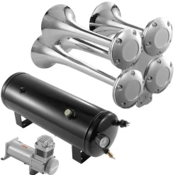 VEVOR Train Horns Kit, 4 Trumpet Air Horn Kit, 150dB Train Horns for Pickup Trucks, 12V 160 psi Air Compressor 2.6 Gal/10 L Tank with Gauge for Any 12V Vehicle Car Truck Train Van Boat