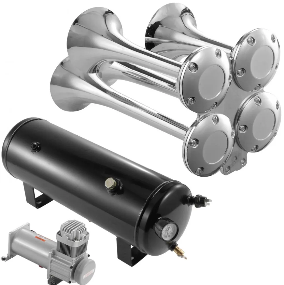 VEVOR Train Horns Kit, 4 Trumpet Air Horn Kit, 150dB Train Horns for Pickup Trucks, 12V 160 psi Air Compressor 2.6 Gal/10 L Tank with Gauge for Any 12V Vehicle Car Truck Train Van Boat