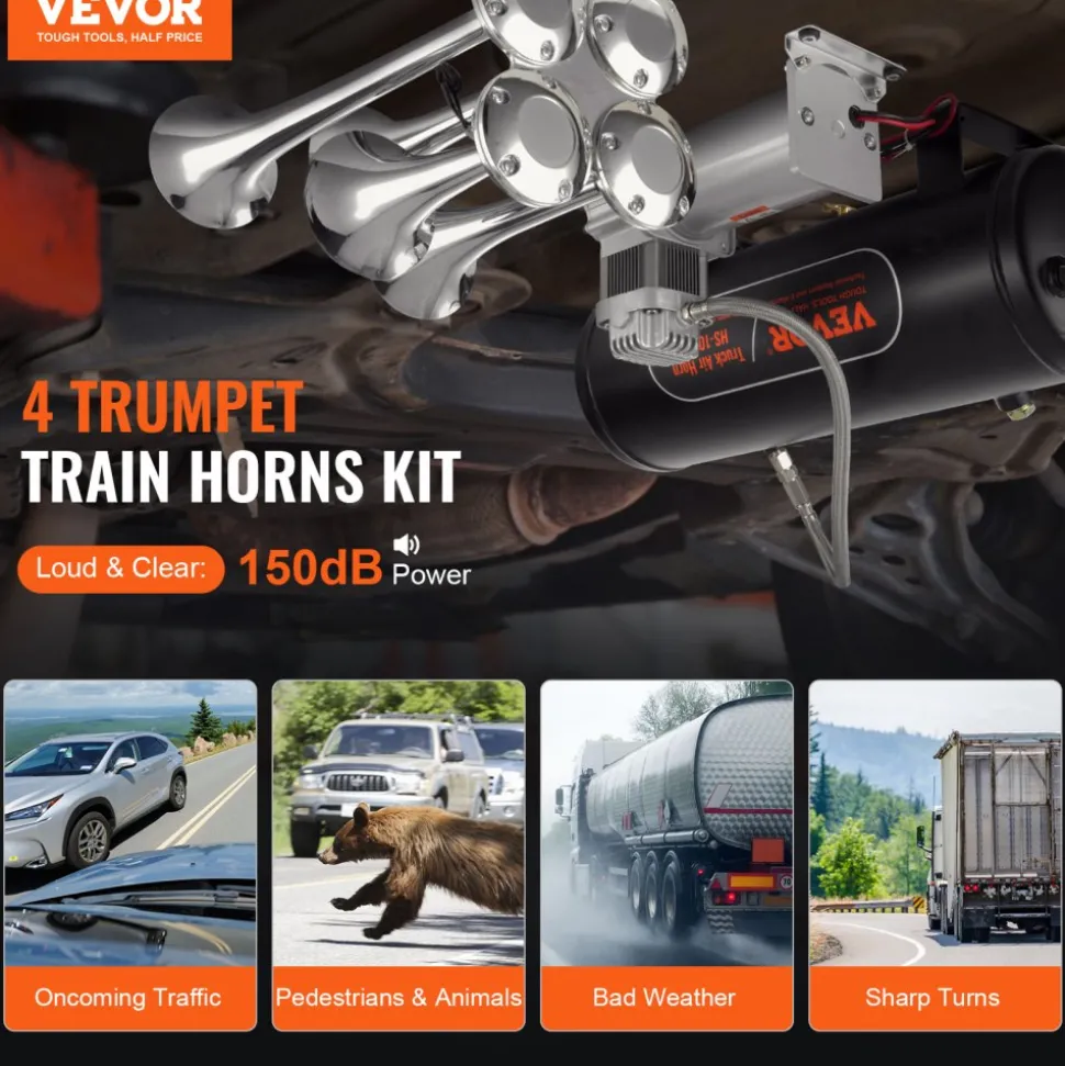 VEVOR Train Horns Kit, 4 Trumpet Air Horn Kit, 150dB Train Horns for Pickup Trucks, 12V 160 psi Air Compressor 2.6 Gal/10 L Tank with Gauge for Any 12V Vehicle Car Truck Train Van Boat