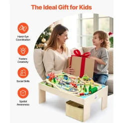 VEVOR Train Table, 120 Multicolor Pieces Wooden Kids Activity Table with Collapsible Storage Bin, 3-in-1 Wooden Train Set for Gaming, Drawing, Reading, Eating, Creative Toy Set for Kids Ages 3+