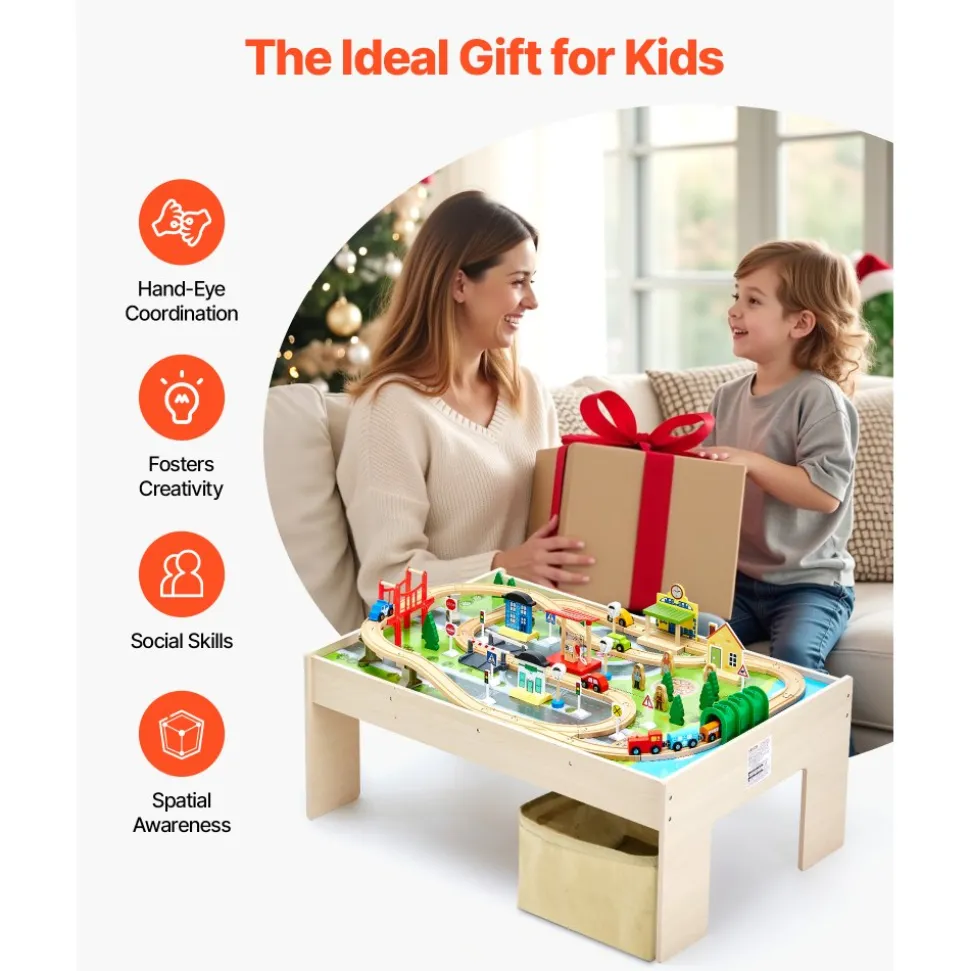 VEVOR Train Table, 84 Multicolor Pieces Wooden Kids Activity Table with Collapsible Storage Bin, 3-in-1 Wooden Train Set for Gaming, Drawing, Reading, Eating, Creative Toy Set for Kids Ages 3+