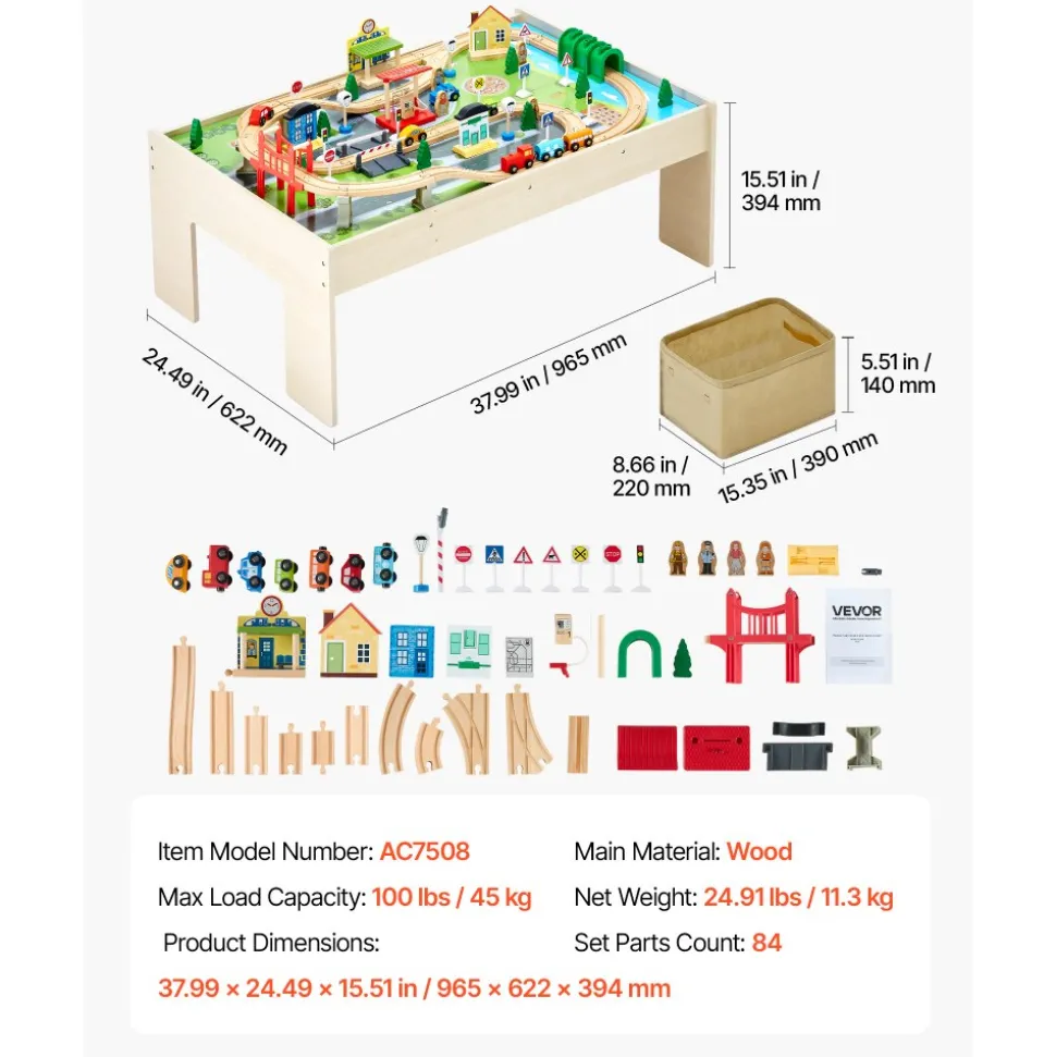 VEVOR Train Table, 84 Multicolor Pieces Wooden Kids Activity Table with Collapsible Storage Bin, 3-in-1 Wooden Train Set for Gaming, Drawing, Reading, Eating, Creative Toy Set for Kids Ages 3+