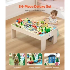 VEVOR Train Table, 84 Multicolor Pieces Wooden Kids Activity Table with Collapsible Storage Bin, 3-in-1 Wooden Train Set for Gaming, Drawing, Reading, Eating, Creative Toy Set for Kids Ages 3+