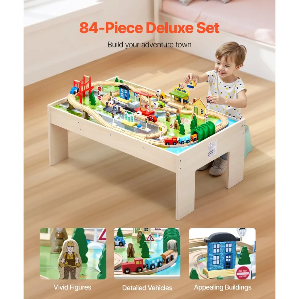 VEVOR Train Table, 84 Multicolor Pieces Wooden Kids Activity Table with Collapsible Storage Bin, 3-in-1 Wooden Train Set for Gaming, Drawing, Reading, Eating, Creative Toy Set for Kids Ages 3+