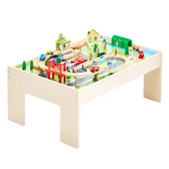 VEVOR Train Table, 84 Multicolor Pieces Wooden Kids Activity Table with Collapsible Storage Bin, 3-in-1 Wooden Train Set for Gaming, Drawing, Reading, Eating, Creative Toy Set for Kids Ages 3+