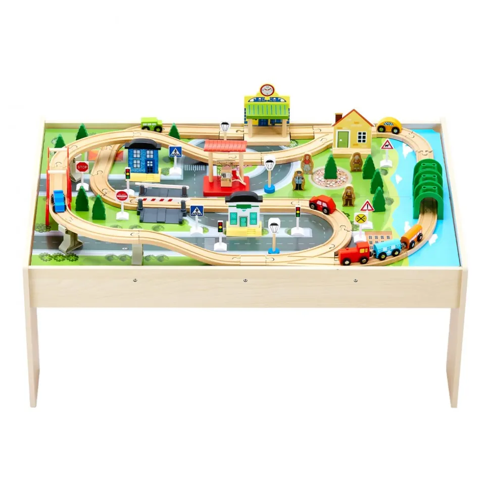 VEVOR Train Table, 84 Multicolor Pieces Wooden Kids Activity Table with Collapsible Storage Bin, 3-in-1 Wooden Train Set for Gaming, Drawing, Reading, Eating, Creative Toy Set for Kids Ages 3+