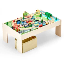 VEVOR Train Table, 84 Multicolor Pieces Wooden Kids Activity Table with Collapsible Storage Bin, 3-in-1 Wooden Train Set for Gaming, Drawing, Reading, Eating, Creative Toy Set for Kids Ages 3+
