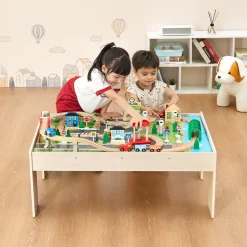 VEVOR Train Table, 84 Multicolor Pieces Wooden Kids Activity Table with Collapsible Storage Bin, 3-in-1 Wooden Train Set for Gaming, Drawing, Reading, Eating, Creative Toy Set for Kids Ages 3+