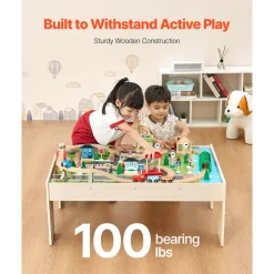 VEVOR Train Table, 84 Multicolor Pieces Wooden Kids Activity Table with Collapsible Storage Bin, 3-in-1 Wooden Train Set for Gaming, Drawing, Reading, Eating, Creative Toy Set for Kids Ages 3+