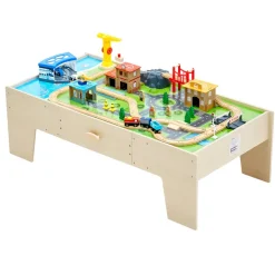 VEVOR Train Table, 62 Multicolor Pieces Wooden Kids Activity Table with Large Storage Drawer, 3-in-1 Wooden Train Set for Playing, Drawing, Reading, Eating, Creative Toy Set for Kids Ages 3+