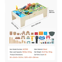 VEVOR Train Table, 62 Multicolor Pieces Wooden Kids Activity Table with Large Storage Drawer, 3-in-1 Wooden Train Set for Playing, Drawing, Reading, Eating, Creative Toy Set for Kids Ages 3+