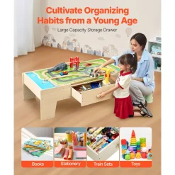 VEVOR Train Table, 62 Multicolor Pieces Wooden Kids Activity Table with Large Storage Drawer, 3-in-1 Wooden Train Set for Playing, Drawing, Reading, Eating, Creative Toy Set for Kids Ages 3+