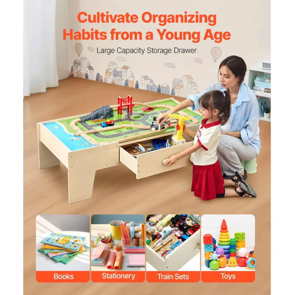VEVOR Train Table, 62 Multicolor Pieces Wooden Kids Activity Table with Large Storage Drawer, 3-in-1 Wooden Train Set for Playing, Drawing, Reading, Eating, Creative Toy Set for Kids Ages 3+