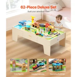 VEVOR Train Table, 62 Multicolor Pieces Wooden Kids Activity Table with Large Storage Drawer, 3-in-1 Wooden Train Set for Playing, Drawing, Reading, Eating, Creative Toy Set for Kids Ages 3+
