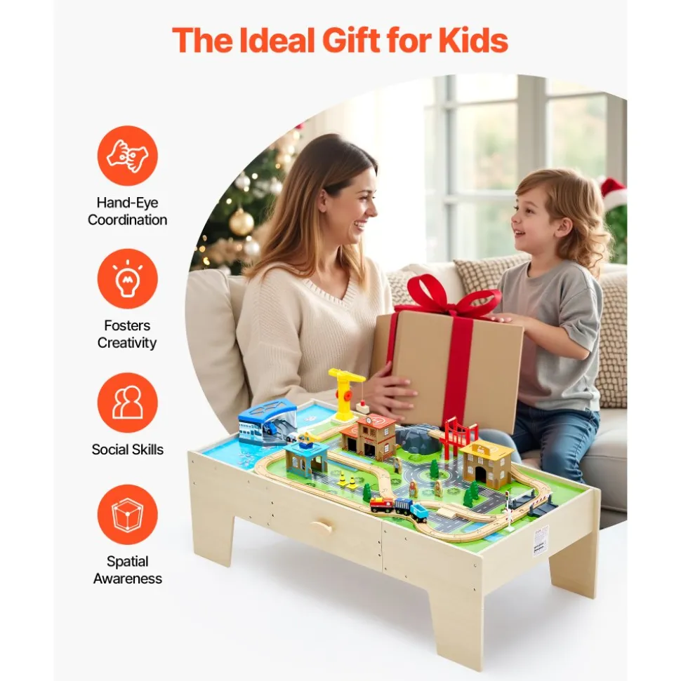 VEVOR Train Table, 62 Multicolor Pieces Wooden Kids Activity Table with Large Storage Drawer, 3-in-1 Wooden Train Set for Playing, Drawing, Reading, Eating, Creative Toy Set for Kids Ages 3+