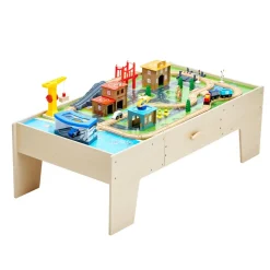 VEVOR Train Table, 62 Multicolor Pieces Wooden Kids Activity Table with Large Storage Drawer, 3-in-1 Wooden Train Set for Playing, Drawing, Reading, Eating, Creative Toy Set for Kids Ages 3+