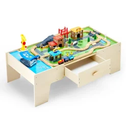 VEVOR Train Table, 62 Multicolor Pieces Wooden Kids Activity Table with Large Storage Drawer, 3-in-1 Wooden Train Set for Playing, Drawing, Reading, Eating, Creative Toy Set for Kids Ages 3+