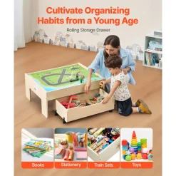 VEVOR Train Table, 100 Multicolor Pieces Wooden Kids Activity Table with Rolling Storage Drawer, 3-in-1 Wooden Train Set for Gaming, Drawing, Reading, Eating, Creative Toy Set for Kids Ages 3+