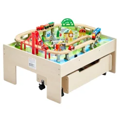 VEVOR Train Table, 100 Multicolor Pieces Wooden Kids Activity Table with Rolling Storage Drawer, 3-in-1 Wooden Train Set for Gaming, Drawing, Reading, Eating, Creative Toy Set for Kids Ages 3+