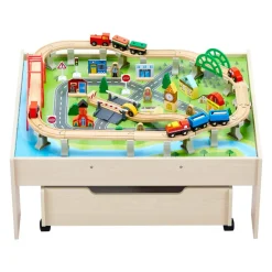 VEVOR Train Table, 100 Multicolor Pieces Wooden Kids Activity Table with Rolling Storage Drawer, 3-in-1 Wooden Train Set for Gaming, Drawing, Reading, Eating, Creative Toy Set for Kids Ages 3+