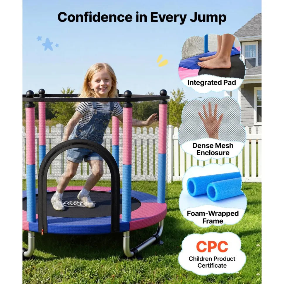 VEVOR 60" Trampoline for Kids, 5 FT Toddler Mini Trampoline, 132 lbs Indoor Outdoor Play Toys with Enclosure Net and Adjustable Gymnastics Bar, Christmas Toys Birthday Gifts for Girls Boys
