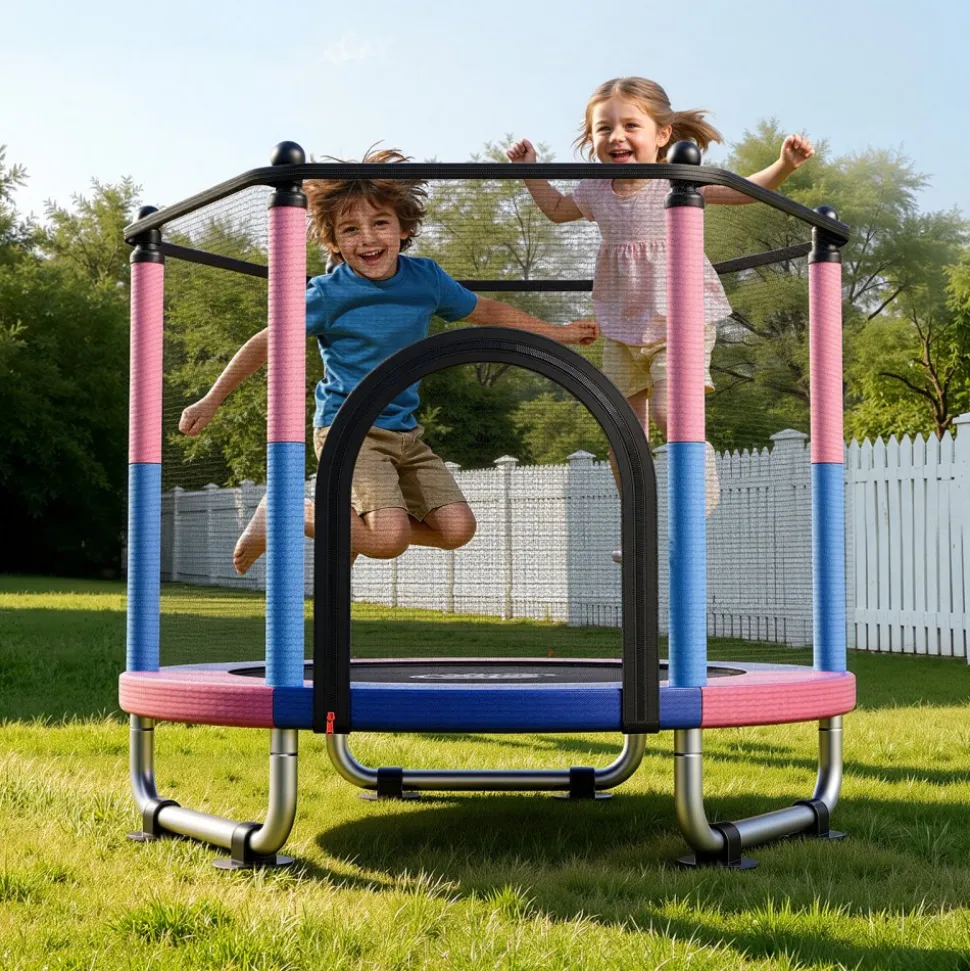 VEVOR 60" Trampoline for Kids, 5 FT Toddler Mini Trampoline, 132 lbs Indoor Outdoor Play Toys with Enclosure Net and Adjustable Gymnastics Bar, Christmas Toys Birthday Gifts for Girls Boys