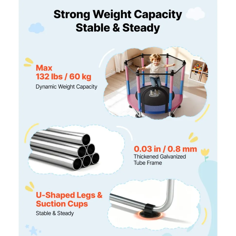 VEVOR 60" Trampoline for Kids, 5 FT Toddler Mini Trampoline, 132 lbs Indoor Outdoor Play Toys with Enclosure Net and Adjustable Gymnastics Bar, Christmas Toys Birthday Gifts for Girls Boys