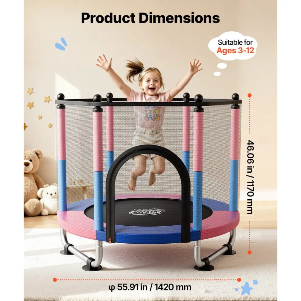 VEVOR 60" Trampoline for Kids, 5 FT Toddler Mini Trampoline, 132 lbs Indoor Outdoor Play Toys with Enclosure Net and Adjustable Gymnastics Bar, Christmas Toys Birthday Gifts for Girls Boys