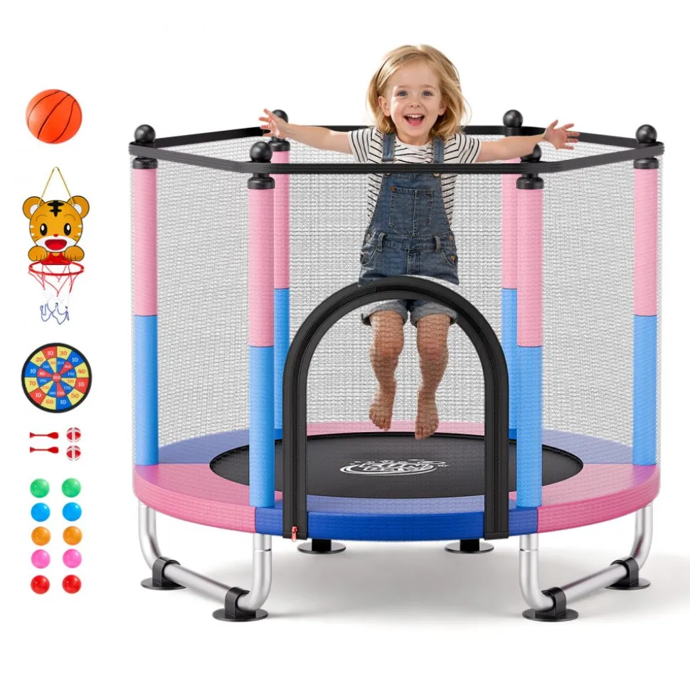 VEVOR 60" Trampoline for Kids, 5 FT Toddler Mini Trampoline, 132 lbs Indoor Outdoor Play Toys with Enclosure Net and Adjustable Gymnastics Bar, Christmas Toys Birthday Gifts for Girls Boys